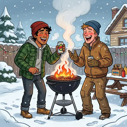 Winter Barbecue Fun: Hispanic & Caucasian Men Laughing with Beers