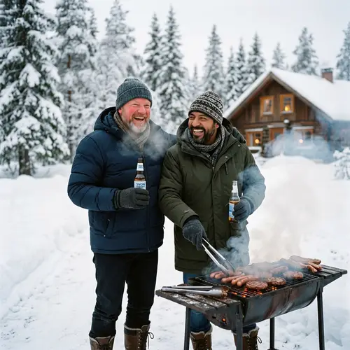 Winter Barbecue: Two Men Grilling in Snowy Landscape