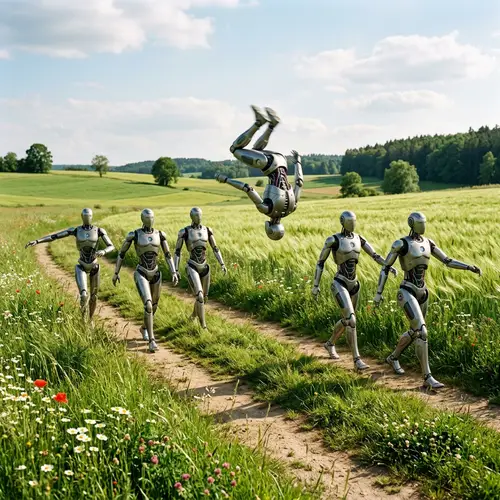 Robots Walking in Meadow Animation