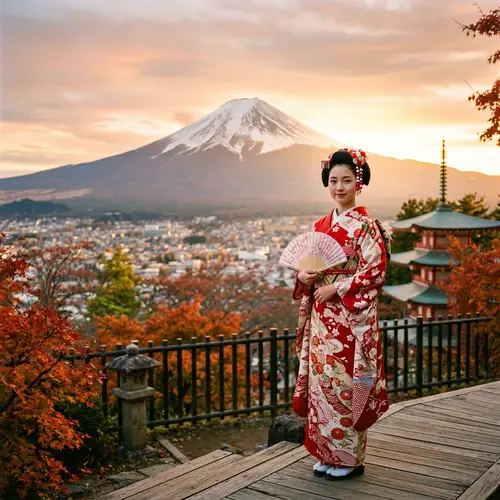 Majestic Mount Fuji View with Elegant Young Girl in Traditional Kimono
