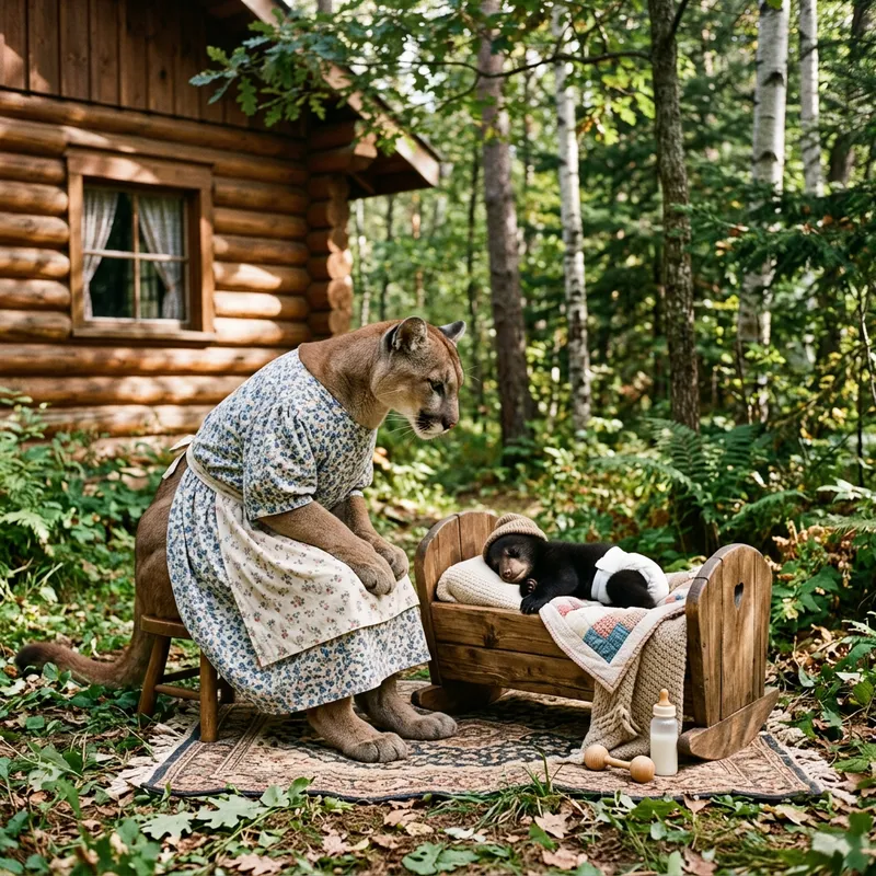 Cougar and Baby Bear: Adorable Cradle Moment