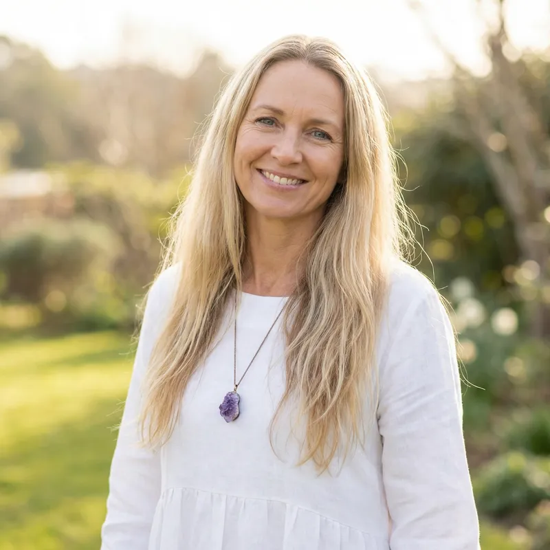 Elegant Blonde Woman with Blue Eyes, Friendly Smile, and White Dress