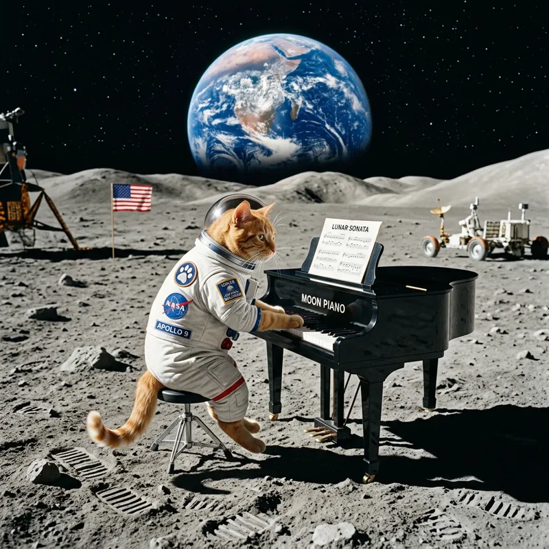 Cat Playing Piano on the Moon - Magical Moonlit Serenade