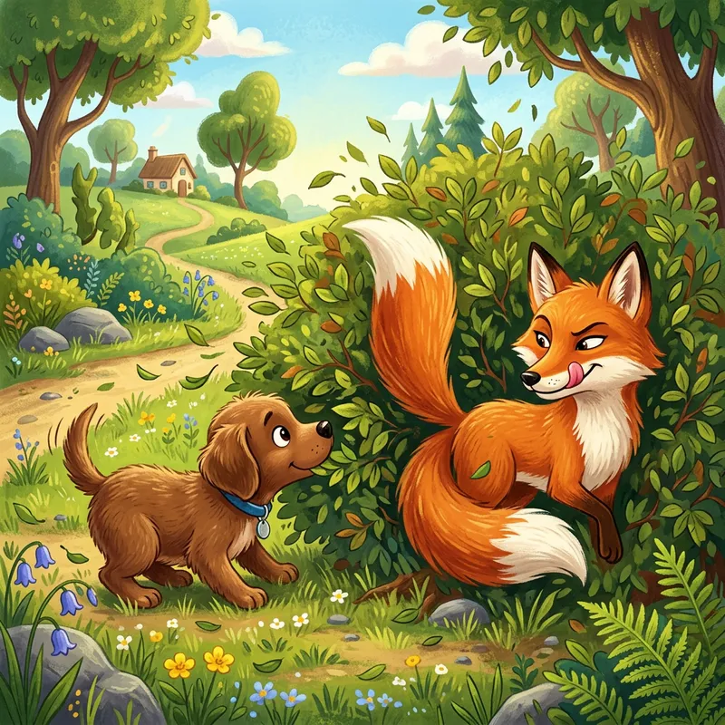 Curious Puppy meets Cunning Fox in Playful Landscape