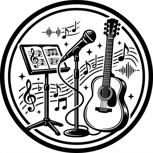 Musical Circle: Guitar, Microphone, Music Stand in Black & White