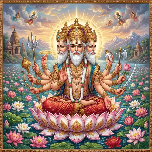 Lord Brahma: Three-Faced Divine Figure in Lotus Pose