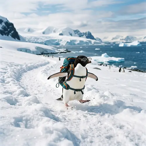 Running Penguin with Backpack and Glasses - Fun Image