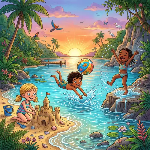 Cartoon Scene of Children Playing in Lagoon