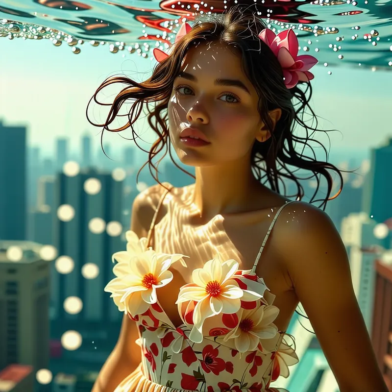 Enchanting Girl in Flower Dress Underwater in City