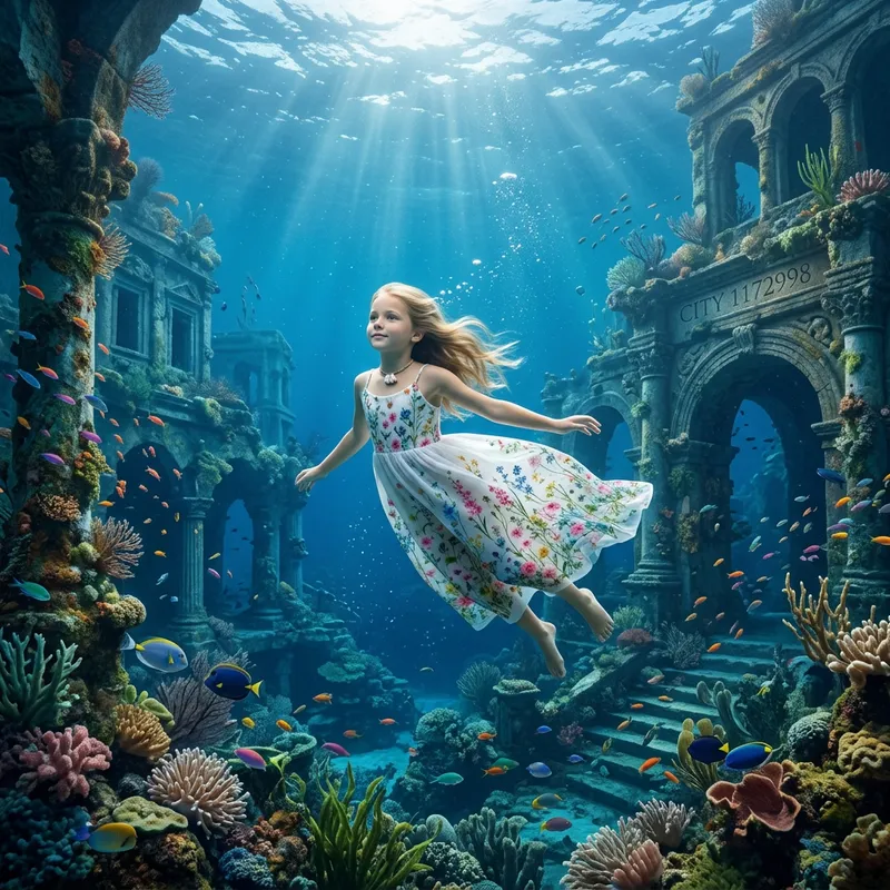 Enchanting Girl in Flower Dress Underwater in City