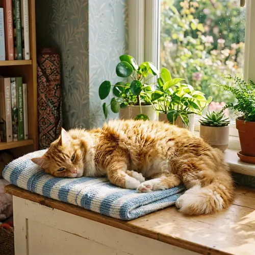 Fluffy Cat Lounging on Sun-Kissed Windowsill