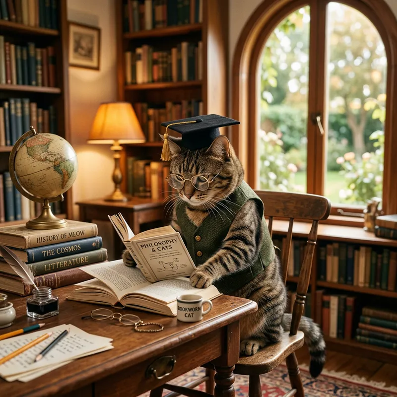 Smart Cat in Glasses | Studious Feline at Study Desk