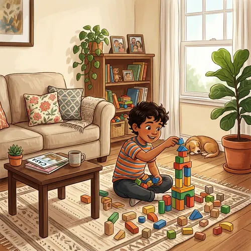 Young Hispanic Boy Playing Indoors with Building Blocks