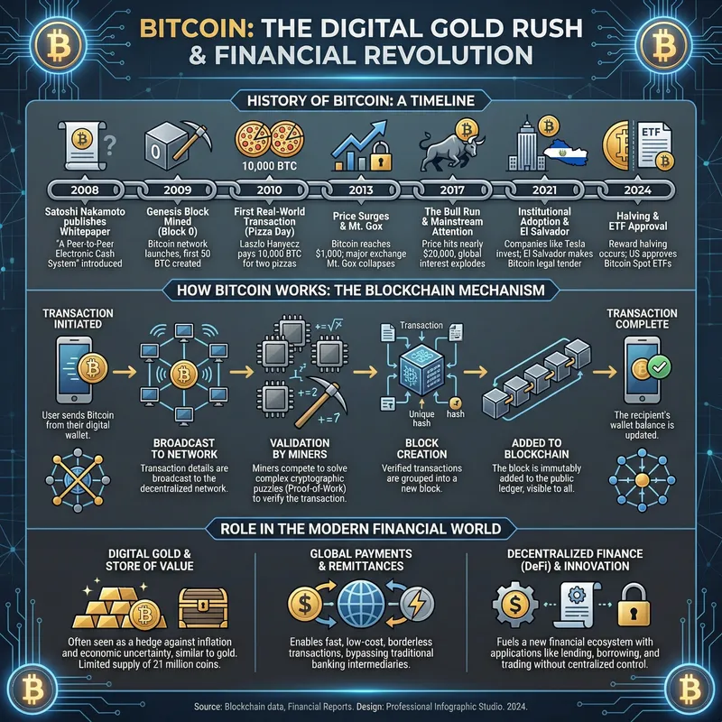Bitcoin Infographic: Visualizing History, Operations & Modern Role