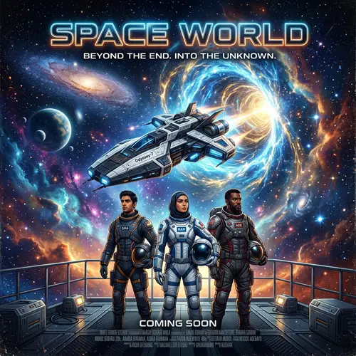Space World - Sci-Fi Movie Poster with Futuristic Spaceship & Diverse Astronauts
