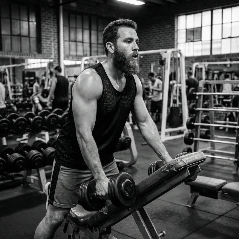 High-Resolution 4K HDR Black and White Gym Photo | Toned Man in Sports Mesh with Medium Beard