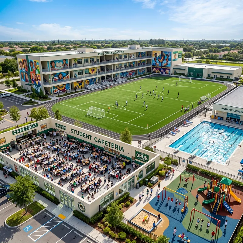 School Campus with Football Field, Swimming Pool, Playground & 4-Floor Cafeteria School Campus with Football Field, Swimming Pool, Playground & 4-Floor Cafeteria