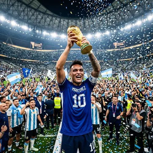 Latin American Football Player Triumphs with World Cup Trophy