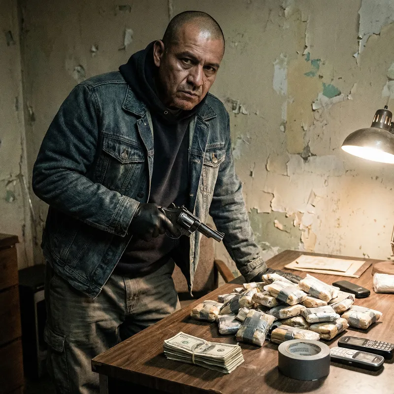 Intimidating Mexican Cartel Leader: Gang Member with Gun & Drugs