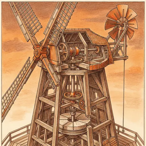 Technical Illustration of a Windmill in Brown and Orange Colors
