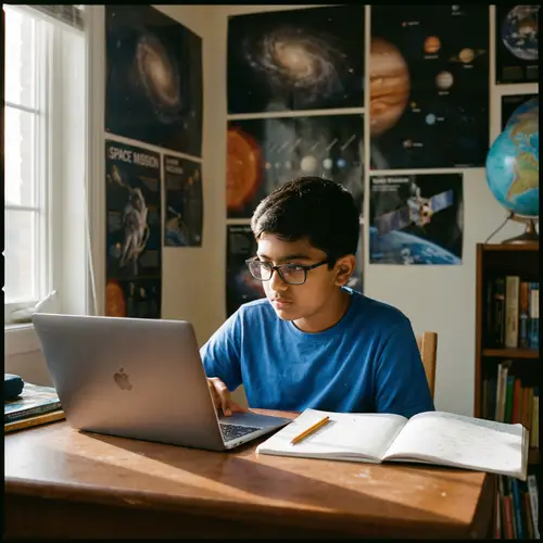 Serene South Asian Boy Studying with Laptop at Wooden Desk