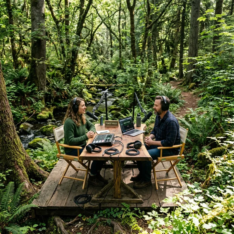 Podcast Desk in Nature: Cinematic Production with Modern Composition