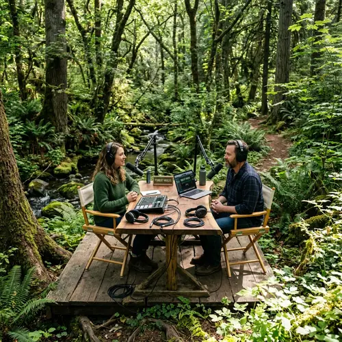 Podcast Desk in Lush Forest: Modern Composition Art