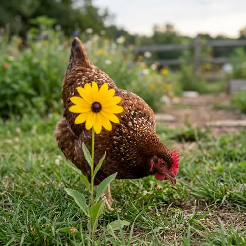 Flower in Front of a Beautiful Hen