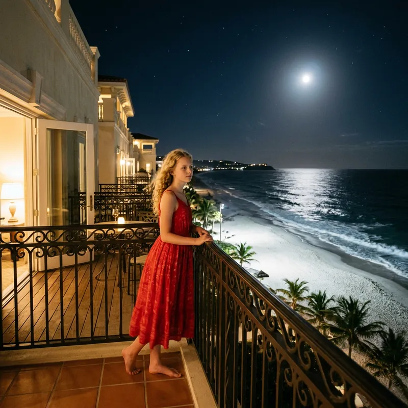 Blonde Woman in Red Dress at Hotel Balcony Overlooking Beach at Night