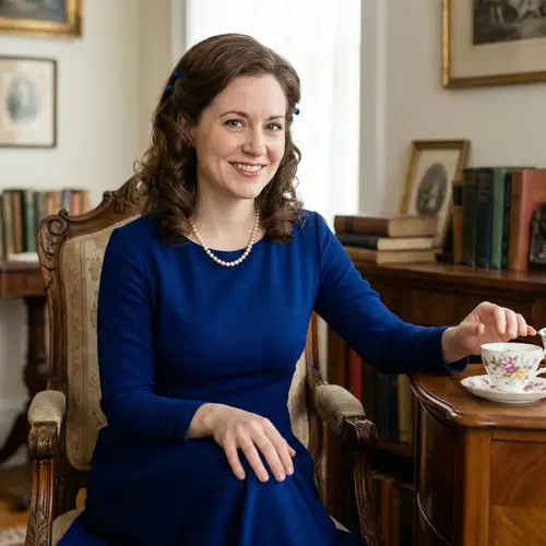 Elegant Caucasian Lady in Royal Blue Dress with Pearl Necklace
