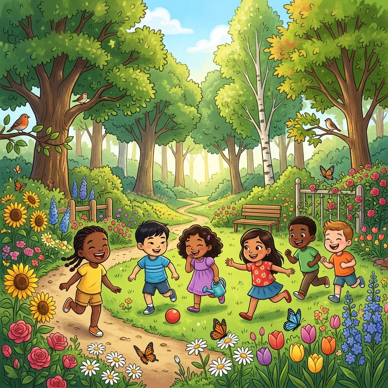 Cartoon Kids Playing in Garden - Outdoor Fun