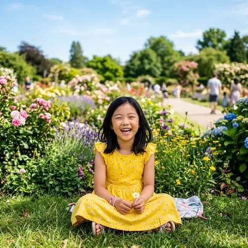 Young East Asian Girl in Yellow Summer Dress Smiling in Park