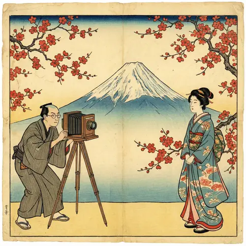 Old Japanese Painting of Mount Fuji & Kimono Figures
