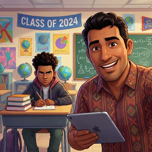 Diverse Classroom Scene: Attractive Hispanic Teacher with Engaged Middle-Eastern Student