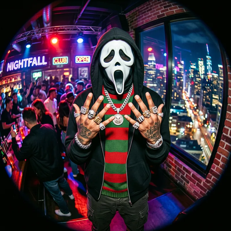 Urban Nightlife: Ghostface Mask, Rings & Hip-Hop Style