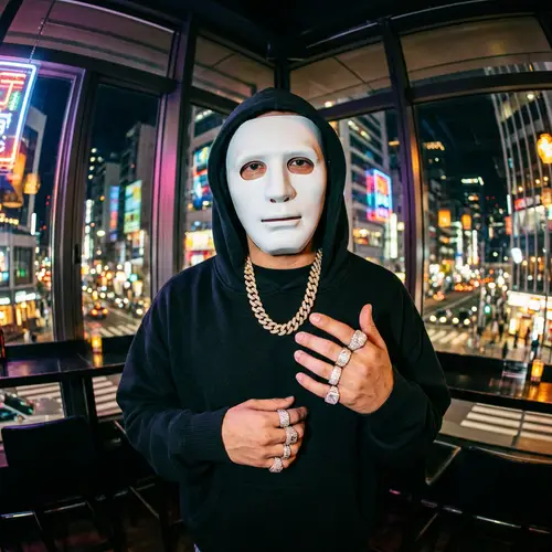 Urban Nightlife Hip-Hop Style with Ghostface Mask and Glittering Chains