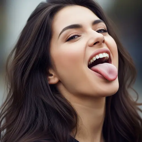 Stunning Young Woman with Open Mouth and Tongue Out