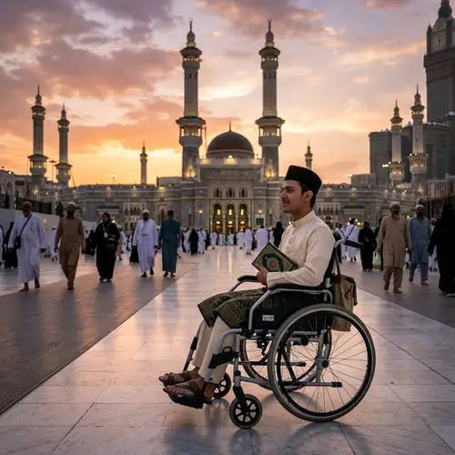 Middle Eastern Student in Wheelchair at Great Mosque of Mecca