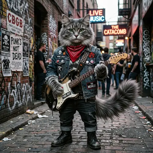 Punk Rock Humanoid Cat in Grey Fur - Unique Hybrid Creature