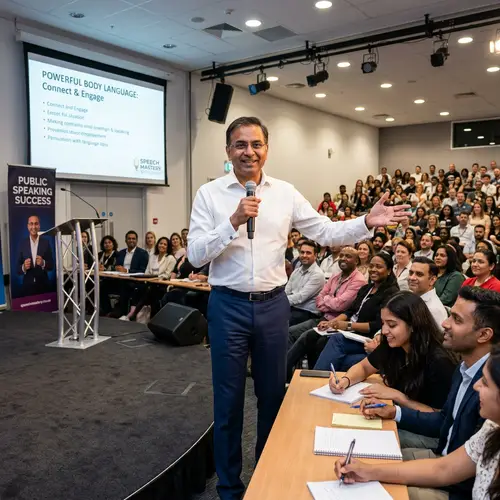 Professional Public Speaking Coach Demonstrating Effective Body Language Techniques