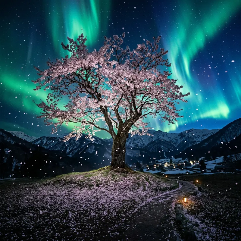 Cherry Blossom Tree with Aurora Borealis Scenery