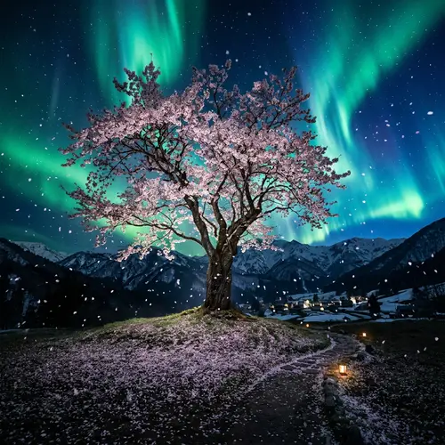 Majestic Cherry Blossom Tree with Aurora Borealis Lights