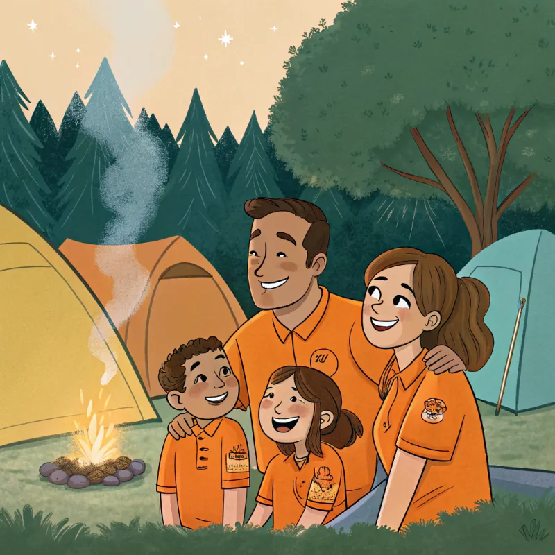 Family in Orange T-Shirts for Camp - Pixar Style
