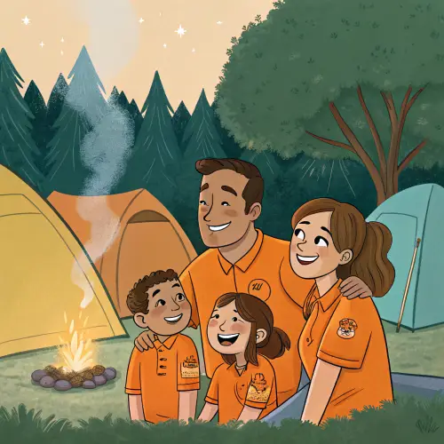 Family in Orange T-Shirts for Camp - Pixar Style
