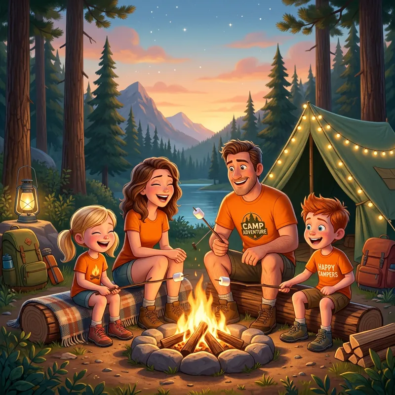 Family in Orange T-Shirts for Camp - Pixar Style
