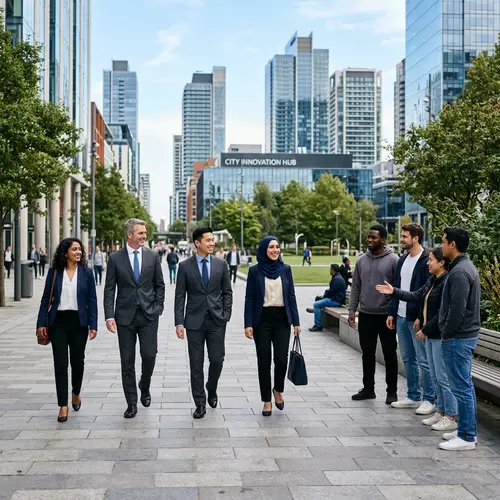 Diverse Corporate Group Walking Towards Casual Individuals