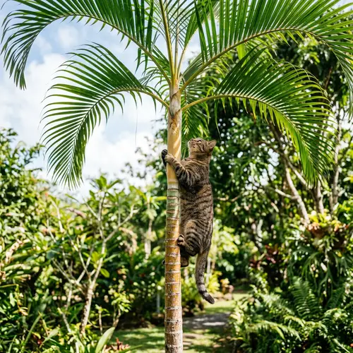 Cat Climbing Areca Palm Tree: Cute Feline Having Fun