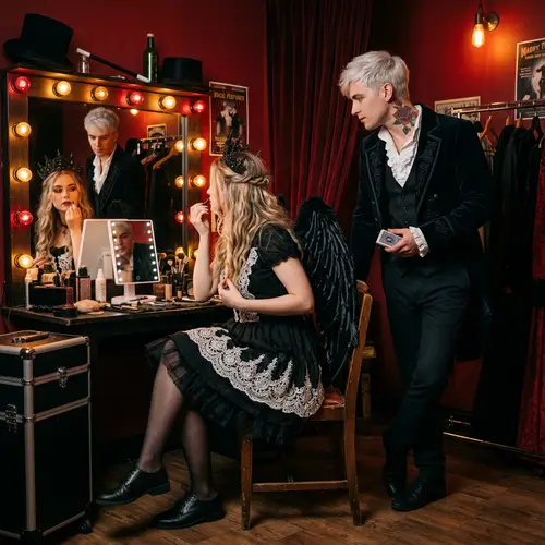 Blonde Girl and White-Haired Werewolf Prepare for Performance