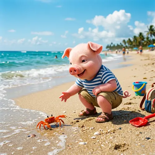 Pepa Pig Playing with Crab on Beach