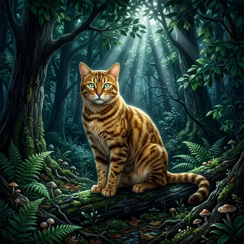 Golden Cat in Dark Forest Illustration - Enchanting Feline Artwork